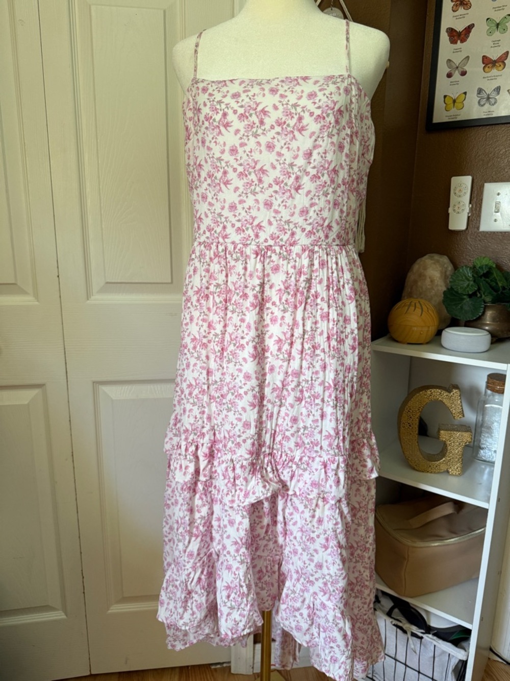 Trixxi Pink Floral High Low Midi Dress Spaghetti Straps with Open Back / Size XL